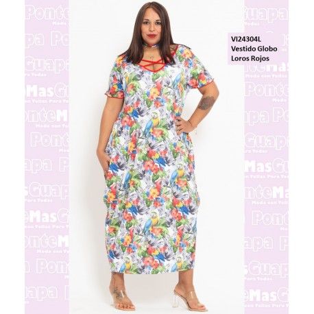 Vestido Globo Loros Rojos