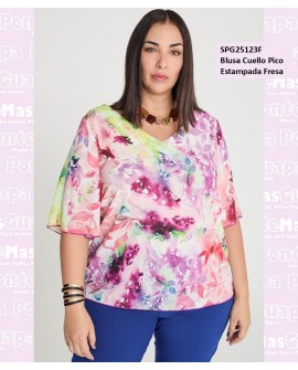 Blusa Cuello Pico Estampada Fresa