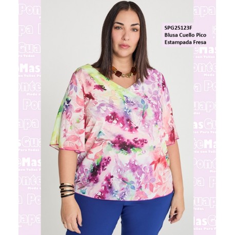 Blusa Cuello Pico Estampada Fresa