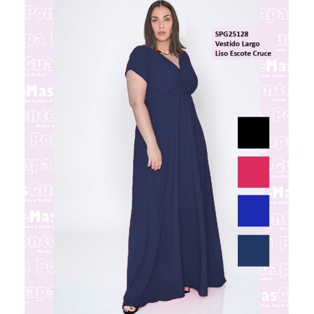 Vestido Largo Liso Escote Cruce