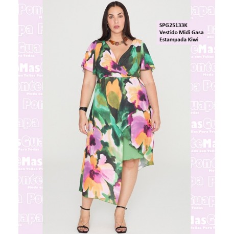 Vestido Midi Gasa Estampada Kiwi