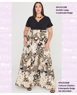 Vestido Largo Combinado Beige