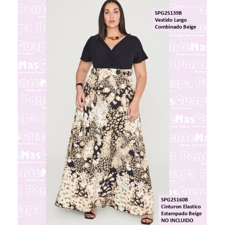Vestido Largo Combinado Beige