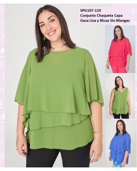 Conjunto Chaqueta Capa Gasa y Blusa Sin Mangas
