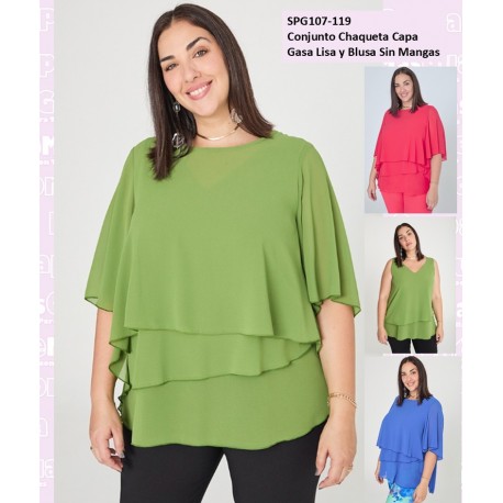 Conjunto Chaqueta Capa Gasa y Blusa Sin Mangas