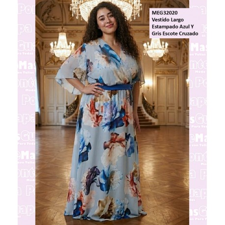 Vestido Largo Estampado Azul Y Gris