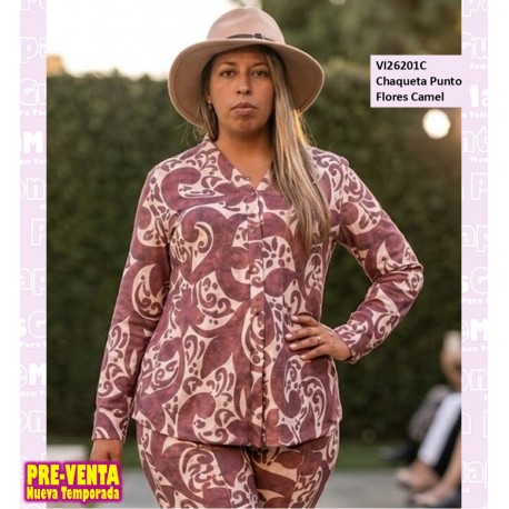 Chaqueta Punto Flores Camel