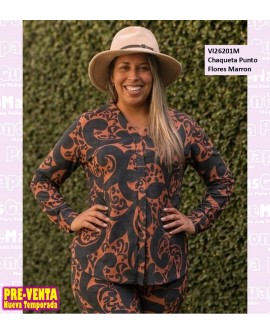 Chaqueta Punto Flores Marron