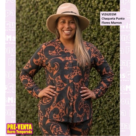 Chaqueta Punto Flores Marron