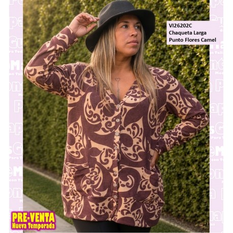 Chaqueta Larga Punto Flores Camel