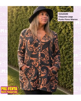 Chaqueta Larga Punto Flores Marron