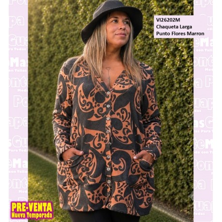 Chaqueta Larga Punto Flores Marron