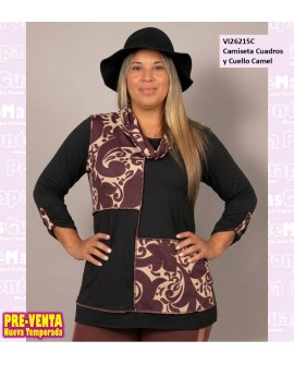 Camiseta Cuadros y Cuello Camel