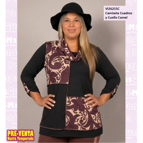 Camiseta Cuadros y Cuello Camel