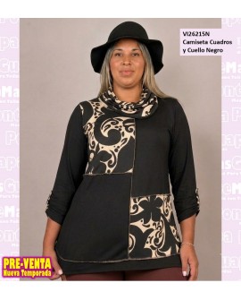 Camiseta Cuadros y Cuello Negro