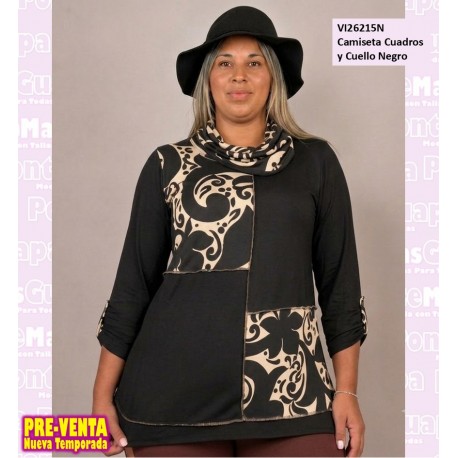 Camiseta Cuadros y Cuello Negro