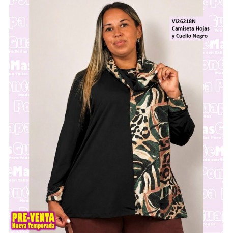 Camiseta Hojas y Cuello Negro