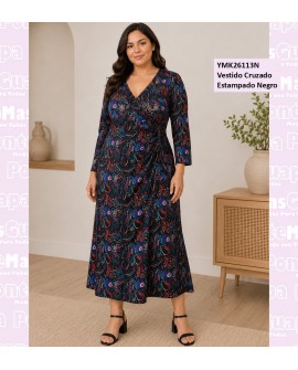 Vestido Cruzado Estampado Negro