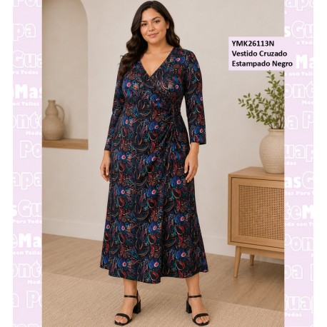 Vestido Cruzado Estampado Negro