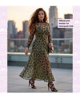 Vestido Tul Estampado Kaki