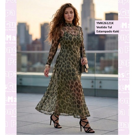 Vestido Tul Estampado Kaki