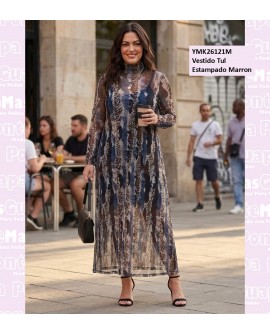 Vestido Tul Estampado Marron
