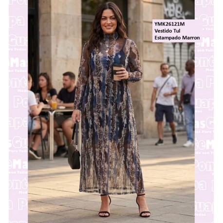 Vestido Tul Estampado Marron