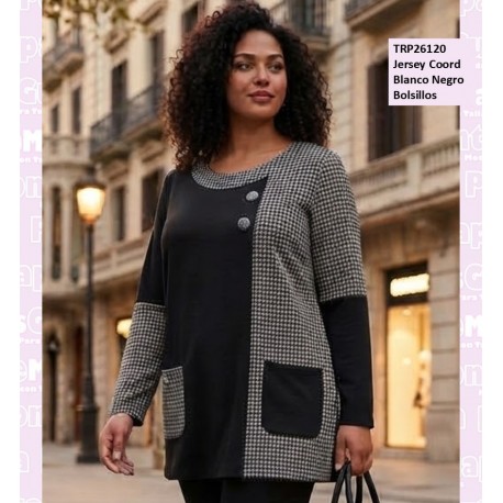 Jersey Coord Blanco Negro Bolsillos